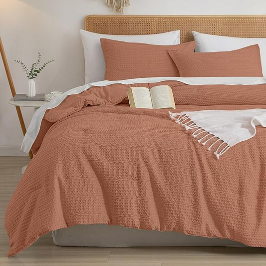 PHF Soft Waffle Comforter Set Queen Size- Comfy Breathable Waffle Weave Comforter with 2 Pillow Shams, 3 Pieces Less Snagging Lightweight Textured Bedding Set for All Season, Terra Cotta
