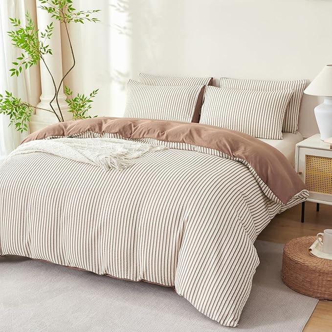 Comforter Set Queen Size Striped Soft Luxury Washed Microfiber Jacquard 3 Pieces Bedding, White Dark Brown Vertical Ticking Stripes Comforter with 2 Pillowcases Breathable Durable Comfy
