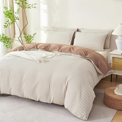 Comforter Set Queen Size Striped Soft Luxury Washed Microfiber Jacquard 3 Pieces Bedding, White Dark Brown Vertical Ticking Stripes Comforter with 2 Pillowcases Breathable Durable Comfy