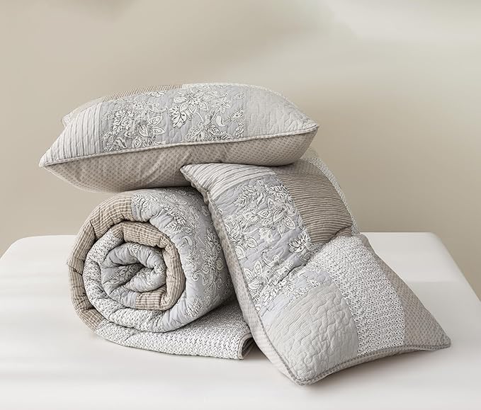 Chezmoi Collection Quinn 2-Piece Neutral Taupe Gray White Floral Hibiscus Flower Candy Stripe Patchwork Quilt Set - Pre-Washed Cotton Coverlet - Lightweight Reversible Bedspread, Twin Size