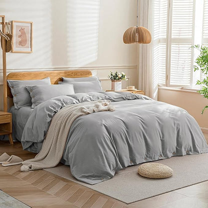 JELLYMONI Cotton Duvet Cover Cal King Size - Light Gray Comforter Cover with Button 100% Washed Cotton 3PCS Breathable Soft Solid Bedding Set Duvet Cover 104×98in & 2 Pillowcases (NO Comforter)
