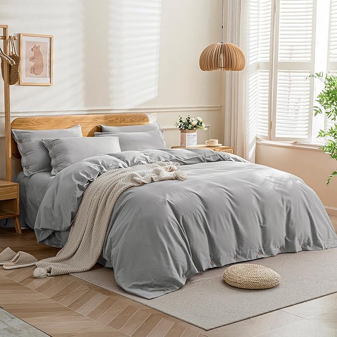 JELLYMONI Cotton Duvet Cover King Size - Light Gray Comforter Cover with Button 100% Washed Cotton 3PCS Breathable Soft Solid Bedding Set Duvet Cover 104×90in & 2 Pillowcases (NO Comforter)