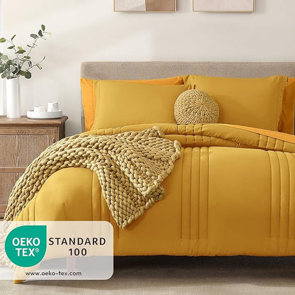 Monbix Queen Comforter Set - 7 Pieces Bright Yellow Bed in a Bag Queen Bedding Sets with Comforters, All Seasons Comforter Bed Set with Sheets,Pillowcases & Shams
