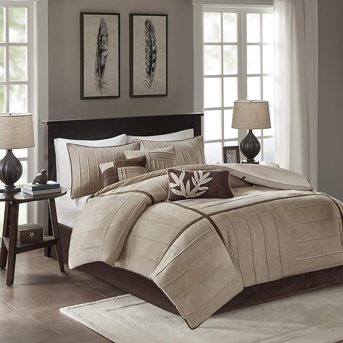 Madison Park Cozy Comforter Set Casual Blocks Design All Season, Matching Bed Skirt, Decorative Pillows, Full(82"x90"), Dune Suede, Beige Brown, 7 Piece