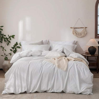 Stripe Linen Feel Duvet Cover Queen Size 90inch x 90inch,100% Washed Cotton Duvet Cover with Zipper Closure and 2 Pillowcases, Stripe of White-Cornflower Blue
