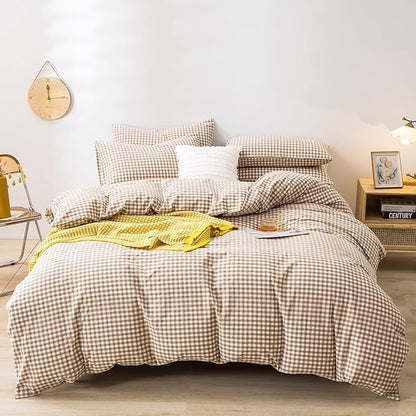 mixinni Tan Gingham Comforter Set Full, Plaid Comforter Set 3 Pieces 1 Beige Grid Comfoter with 2 Pillow Cases for All Seasons, Soft Fluffy Modern Grid Pattern Printed Bedding-Full Size