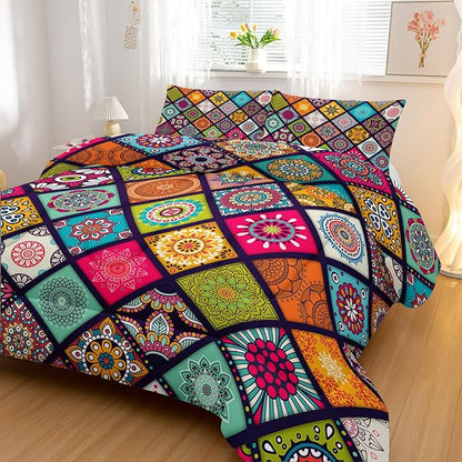 Polychrome Bohemia Comforter Sets King Size,Rhomboid Forms Pattern Bedding Set for Your Room,Abstract Soft Lightweight Quilted Set All Season 1 Comforter and 2 Pillowcases
