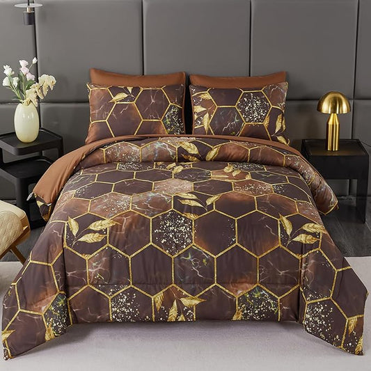 ANGIYUIN 7 Pcs Brown Comforter Sets Queen 3D Honeycomb Bed in A Bag Marble Watercolor Comforter Bedding Sets Foil Print Bed Sets with Matched Sheets Pillowcases(Brown, Queen)