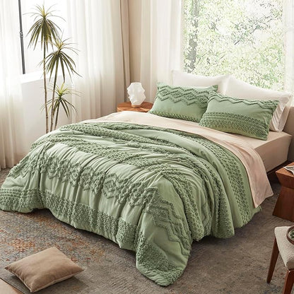 Luxudecor Sage Green Tufted Comforter Set Queen Size 3 Pieces Boho Shabby Chic Comforter Farmhouse Embroidery Bedding Set Soft Comforter for All Seasons (Sage Green, 90''x90'')