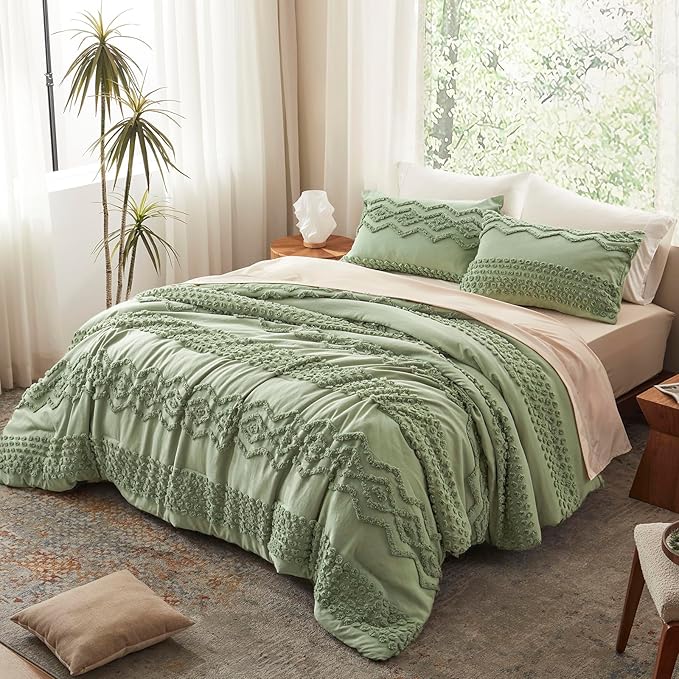 Luxudecor Sage Green Tufted Comforter Set King Size 3 Pieces Boho Shabby Chic Comforter Farmhouse Embroidery Bedding Set Soft Comforter for All Seasons (Sage Green, 104''x90'')