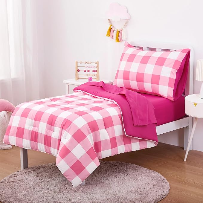 Wake In Cloud - Gingham Toddler Bedding Set for Girls Boys, Cute Plaid Buffalo Check, 4 Pieces Soft Crib Bed Set Including Comforter, Sheets and Pillowcase, Hot Pink
