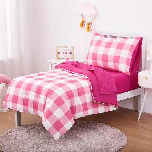 Wake In Cloud - Gingham Toddler Bedding Set for Girls Boys, Cute Plaid Buffalo Check, 4 Pieces Soft Crib Bed Set Including Comforter, Sheets and Pillowcase, Hot Pink