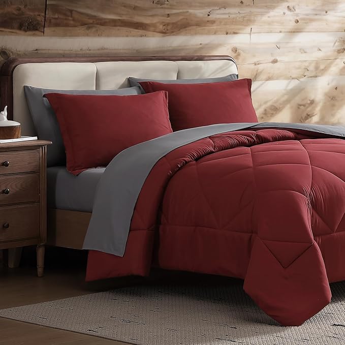 Coleman Twin Comforter Set Reversible Bed-in-a-Bag– Double-Sided Color Options, All-Season Comforter + Shams + Sheets – Perfect for Home, Cabin or Camp Use, Burgundy/Gray