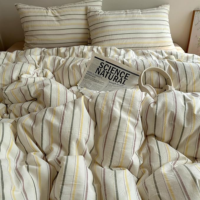 EAVD Vintage Colorful Striped Comforter Set King Soft Cotton 3-Piece Retro Vertical Striped Bedding Set with 2 Pillowcases Boho Geometric Comforter Set for All-Season(Green&Yellow&Brown, King)