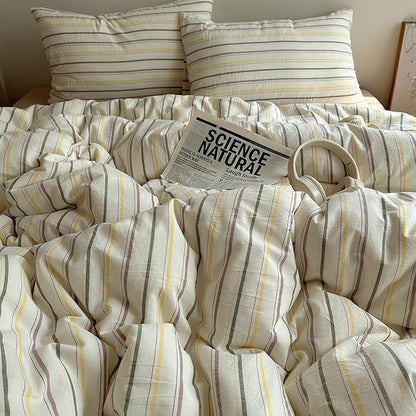 EAVD Vintage Colorful Striped Comforter Set King Soft Cotton 3-Piece Retro Vertical Striped Bedding Set with 2 Pillowcases Boho Geometric Comforter Set for All-Season(Green&Yellow&Brown, King)