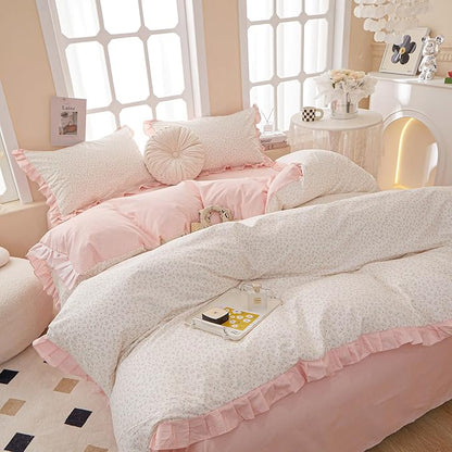 Pink Floral Full Size Comforter Ruffle Boho Bedding Set Fluffy Lightweight All Season Down Alternative Bedding Comforter Set Soft Microfiber Cute Striped Comforter with 2 Pillowcases