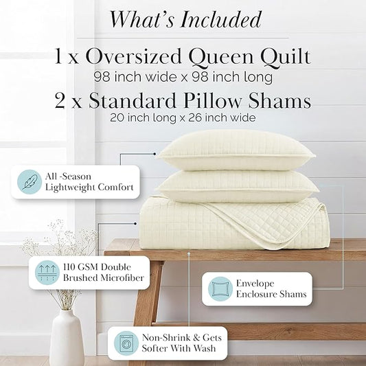 Southshore Fine Living, Inc. Full/Queen Size Quilt Bedding Set, Wrinkle-Free Stain & Pet Hair Resistant Bedding, Coverlet Bedspreads Queen Size/Full Size Bedspread with 2 Pillow Shams, Cream