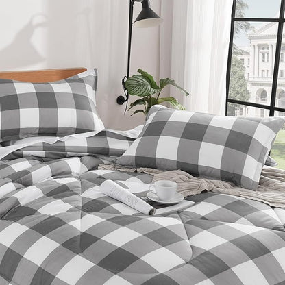 Andency Plaid Comforter Twin XL(68x92Inch), Gray White Checkered Gingham Buffalo Grid Bed Set for Students Boys Kids Teens, 2 Pieces Lightweight Polyester Geometric Dorm Bedding