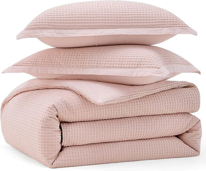 Bedsure Cotton Duvet Cover Queen - 100% Cotton Waffle Weave Pink Duvet Cover Queen Size, GentleSoft™ and Breathable Bedding Set for All Season, 3 Pieces, 90"x90"