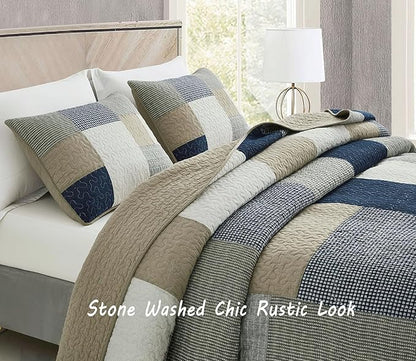 Chezmoi Collection Addy 3-Piece Navy Blue White Gray Taupe Plaid Patchwork Quilt Set - Pre-Washed Cotton Quiltd Lightweight Reversible Bedspread for All Seasons, Oversized King Size