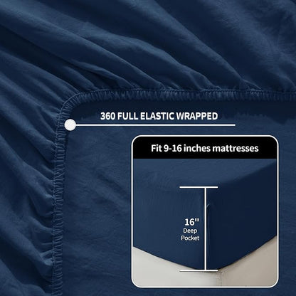 LBRO2M 100% Pure Linen Sheet Set Deep Pocket Up to 16" Bed Sheets Sets, Natural Flax Beddings Soft, Breathable, Comfortable for All Seasons 6 Pcs Sheet Set Cal King Size, Navy Blue