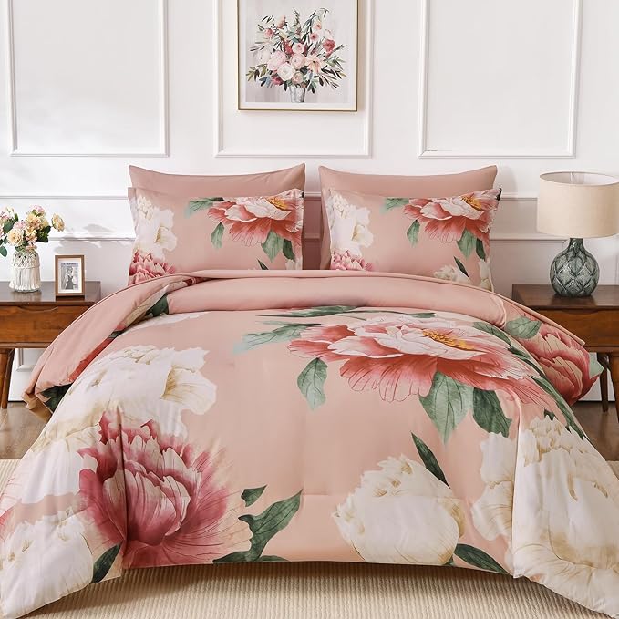 Dobuyly King Size Comforter Set Coral Pink 7 Piece Bed in a Bag, Pink Floral Bedding Set for Girls Women, Soft Microfiber Bed Set with Comforter, Sheets, Pillowcases & Shams