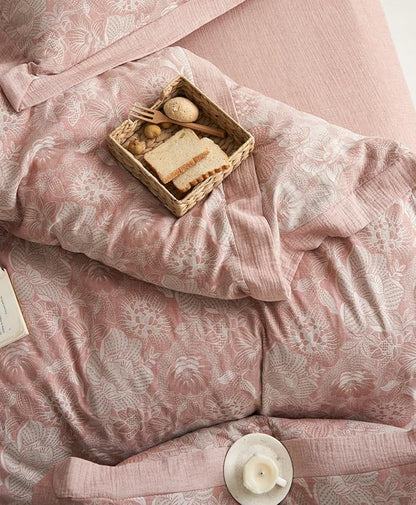 VM VOUGEMARKET Jacquard Floral Duvet Cover Set King,Yarn-Dyed Cotton Blush Pink Flower Duvet Cover Bordered,Vintage Garden Style Bedding Set King Size 3 Pieces