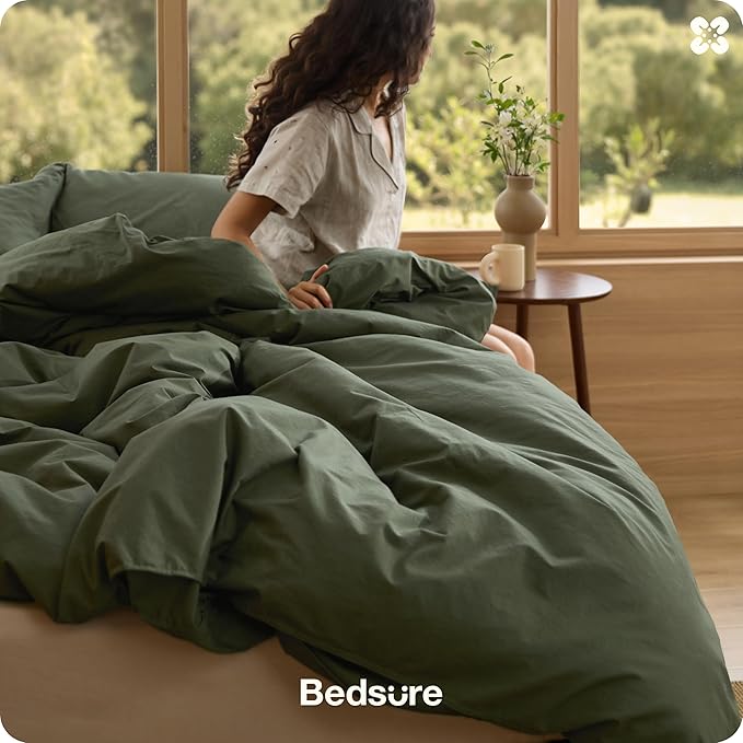 Bedsure Cotton Duvet Cover Oversized King - Luxury Slub Weave 100% Cotton Duvet Cover Set, PureWoven Bedding Set with a Linen Like Textured, Easy Change, Olive Green, 120" x 98"