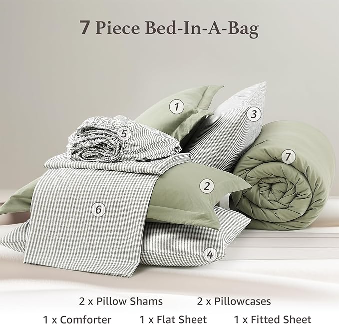 Monbix Super King Plus Size Comforter Set - 7 Pieces Green Prewashed Bed in a Bag Bedding Sets with Comforters, All Seasons Ultra Soft Comforter Bed Set with Sheets, Pillowcases & Shams