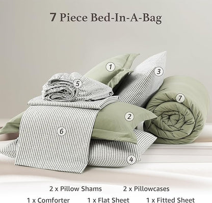 Monbix King Size Comforter Set - 7 Pieces Green Prewashed Bed in a Bag King Bedding Sets with Comforters, All Seasons Ultra Soft Comforter Bed Set with Sheets,Pillowcases & Shams