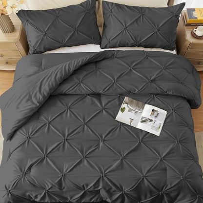 UNIKOME Queen Comforter Set Dark Gray - Ultra Soft Boho Pintuck Down Alternative Bedding Set for All Seasons, 3 Pieces Lightweight Warm Pinch Pleat Bed Set with Comforter, 2 Pillowcases
