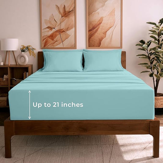 Mellanni Queen Sheet Set - 6-Piece Iconic Collection Bedding, (Including 4 Pillowcases), 21-Inch Extra Deep Pocket, Easy Care, Ultra Soft, Cooling Sheets, Brushed Microfiber - Aqua