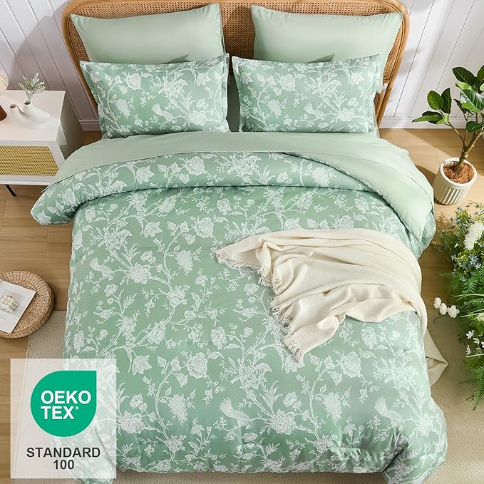 Luxudecor Floral Comforter Set King Size 7 Pieces, Green Flower with Bird Bed in a Bag, Soft Reversible Comforter with Sheet Bed Set 104"x90"