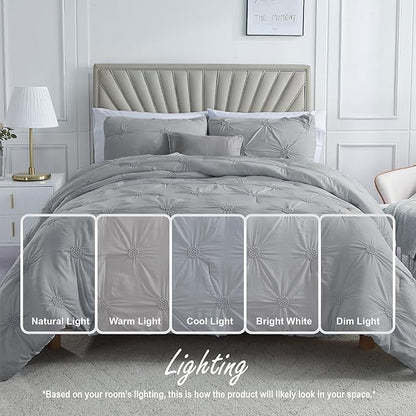 Swift Home Full/Queen Gray Comforter Set - Ruched 3D Floral Pintuck Bedding Set - 3 Pieces Bed Linen, 1 Comforter and 2 Pillow Shams