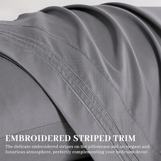 YIYEA Pillow Cases Queen Size Set of 4, Ultra Soft 1800TC Hotel Quality Double Brushed Microfiber Embroidered Pillowcases, Envelope Closure, Fade Resistant (20"x30", Medium Grey)