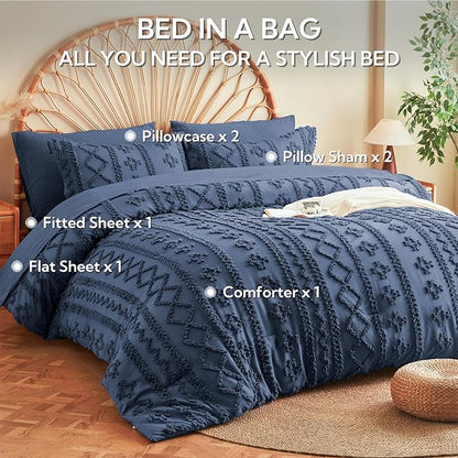 MR&HM California King Comforter Set Navy Blue, 7 Pieces Tufted Boho Beddding Sets, Farmhouse Bed in a Bag with 1 Comforter, 2 Pillow Shams, 2 Pillowcases, 1 Flat Sheet, 1 Fitted Sheet