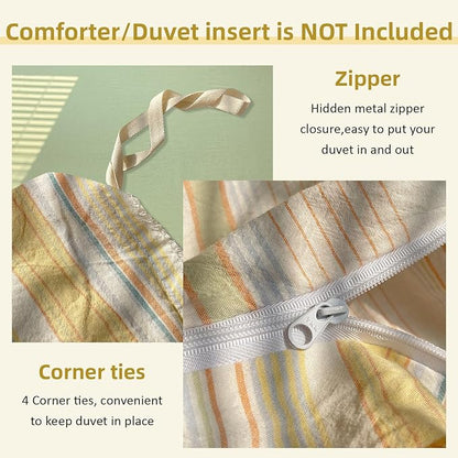 EAVD Retro Striped Duvet Cover Queen Soft Washed Cotton Colorful Wide Pinstriped Bedding Set with 2 Pillowcases Modern Farmhouse Geometric Pattern Duvet Cover with Zipper Closure