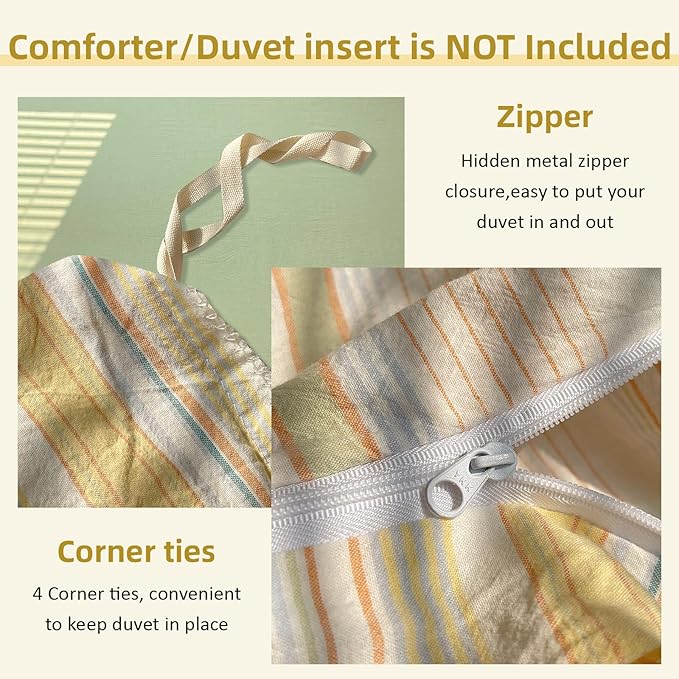 EAVD Retro Striped Duvet Cover King Soft Washed Cotton Bedding Set with 2 Pillowcases Reversible Colorful Pinstriped Bedding Set Modern Farmhouse Geometric Duvet Cover with Zipper Closure