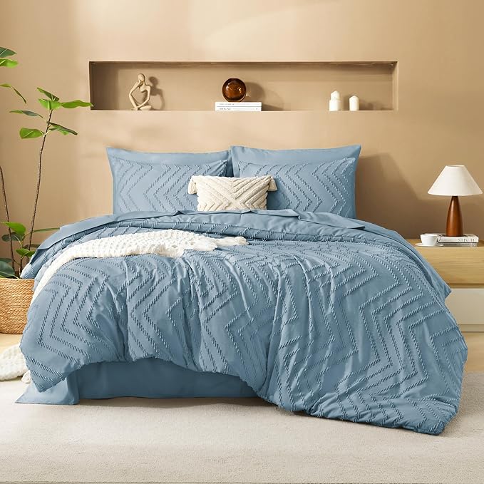 Litanika Grayish Blue California King Size Comforter Set with Sheets - 7 Pieces Bed in a Bag California King Boho Tufted Complete Bedding Sets with Comforter, Sheets, Pillowcases & Shams