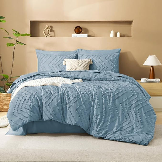 Litanika Grayish Blue California King Size Comforter Set with Sheets - 7 Pieces Bed in a Bag California King Boho Tufted Complete Bedding Sets with Comforter, Sheets, Pillowcases & Shams