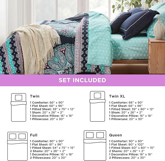 Degrees of Comfort Blue Twin XL Complete Comforter Sets, Boho Mandala Bed in A Bag,Microfiber Bedding Set with Side Pockets, Matching Decorative Pillow, 6 Piece Navy