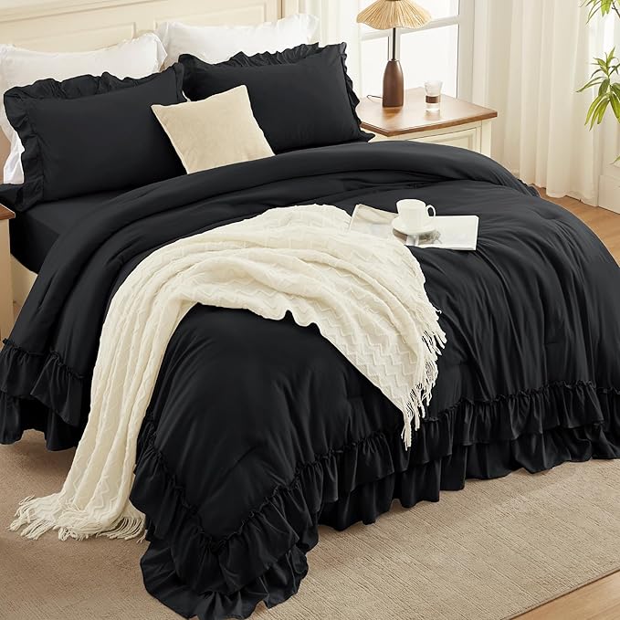 Andency Black Full Size Comforter Set(79x90Inch), 3 Pieces Fluffy Farmhouse Shabby Chic Bedding Comforter Sets, All Season Soft Lightweight Polyester Bed Set