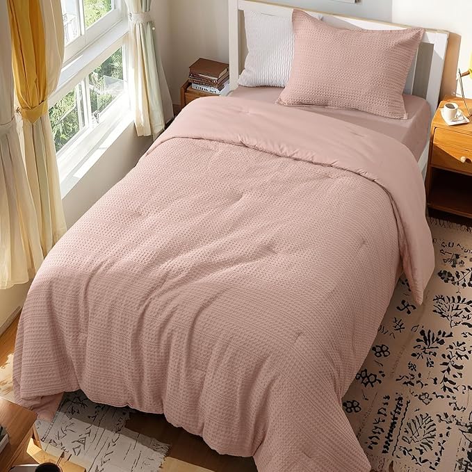 PHF Soft Waffle Comforter Set Twin Size- Comfy Breathable Waffle Weave Comforter with 1 Pillow Shams, 2 Pieces Less Snagging Lightweight Textured Bedding Set for All Season, Rose Pink