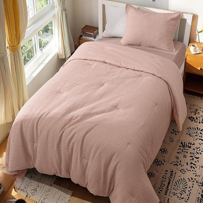 PHF Soft Waffle Comforter Set Twin Size- Comfy Breathable Waffle Weave Comforter with 1 Pillow Shams, 2 Pieces Less Snagging Lightweight Textured Bedding Set for All Season, Rose Pink