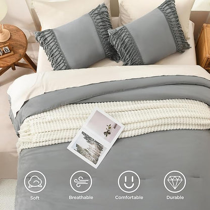 Andency Queen Comforter Set Medium Grey, 3 Pieces Boho Lightweight Fall Bedding Comforter Sets, Tassel Bed Set (90x90In Comforter & 2 Pillowcases)