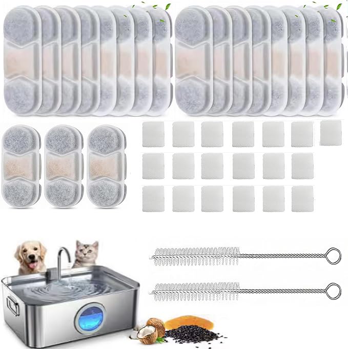 50 PCS/Set Dog Fountain Filter Replacement for Zuqqony DYSJ0112L/3.2Gal Water Fountain, Dog Water Bowl Dispenser for Large Dogs or Multi-Pet Home(24 Water Filters+24 Pre-filter Sponge+2 Brush)