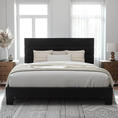 Allewie King Size Platform Bed Frame with Velvet Upholstered Headboard | Wooden Slats Support, Fully Upholstered Mattress Foundation, No Box Spring Needed, Easy Assembly, Noise-Free, Black