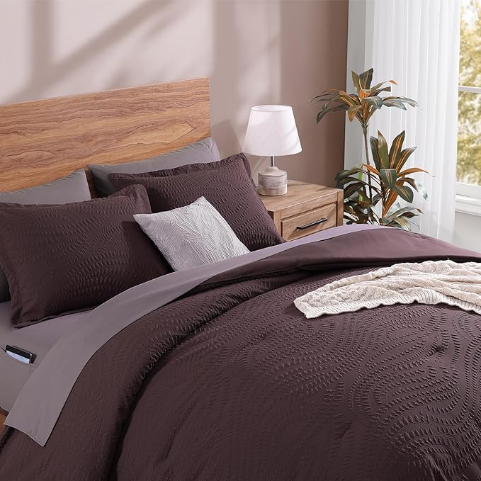 Geniospin King Comforter Set - 7 Pieces Purple Bedding Set, Botanical Textured Comforter Set, All Season Comfortable Bed in a Bag with Comforter, Sheets, Pillowcases & Shams