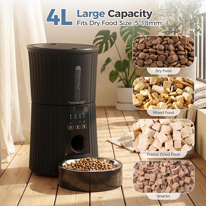 DUMOS 4L Automatic Cat Feeder, Dog Food Dispenser with APP Control, Black | 2.4G WiFi, 10s Voice Recorder, Dual Power, Desiccant Bag, Stainless Steel Bowl, Programmable Feeder for Small Cats and Dogs
