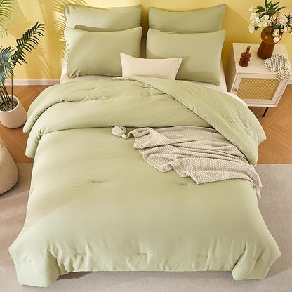 Queen Size Comforter Set Desert Sage, 3 Pieces Double-Layer Crinkle Yarn Bedding, All-Season Lightweight Warmth with 2 Pillowcases